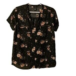 RUE21 Black Floral Polka Dot Zipper Pockets Medium Blouse